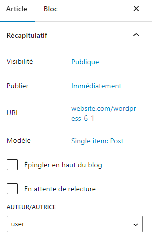Section de résumé du message, montrant l'URL du message et l'option de modèle.