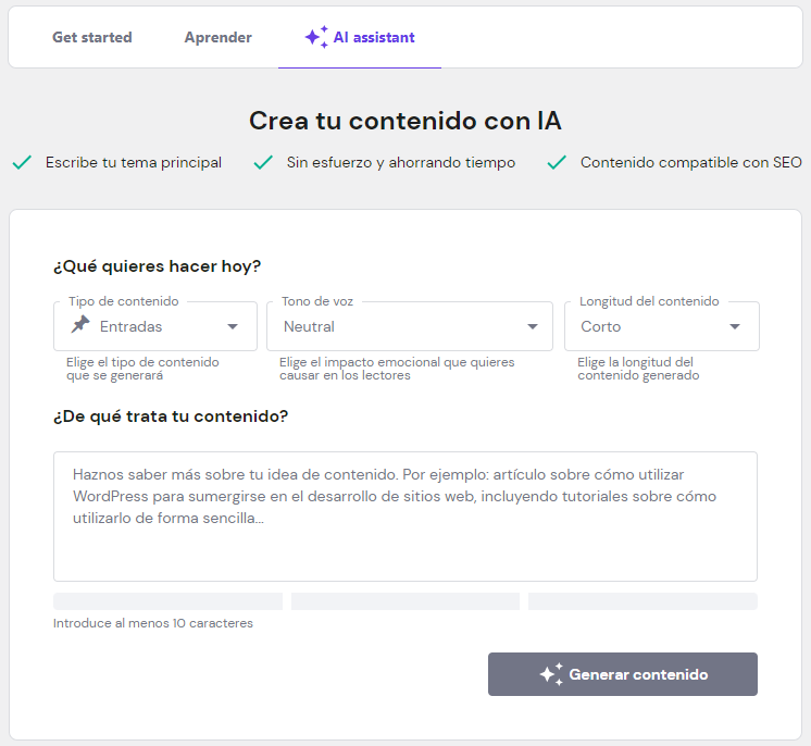 Interface de l'assistant IA d'Hostinger WordPress en espagnol