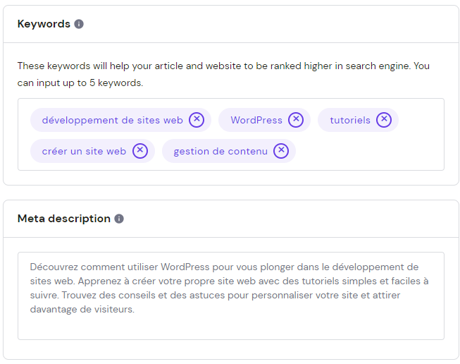 Les sections mots-clés et méta-description sur l'interface de l'assistant IA d'Hostinger WordPress