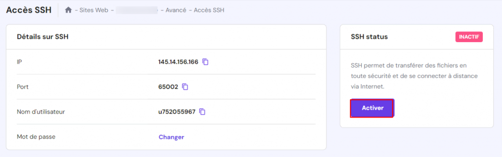 La page Accès SSH sur hPanel montrant où cliquer sur Activer pour autoriser la connexion SSH à distance