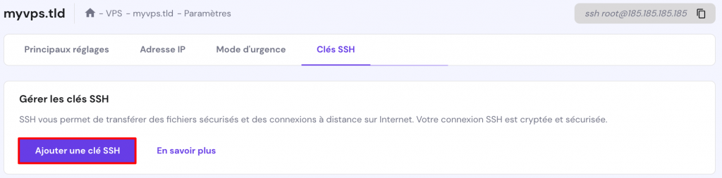 Le menu des clés SSH dans les paramètres du Serveur Virtuel de hPanel montre où cliquer sur Ajouter une clé SSH.