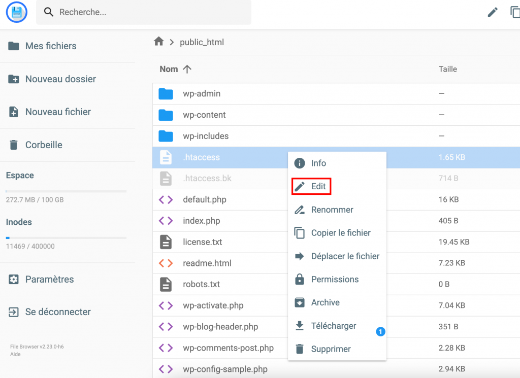 Le fichier .htaccess sur le gestionnaire de fichiers Hostinger. Le bouton Edit est en surbrillance