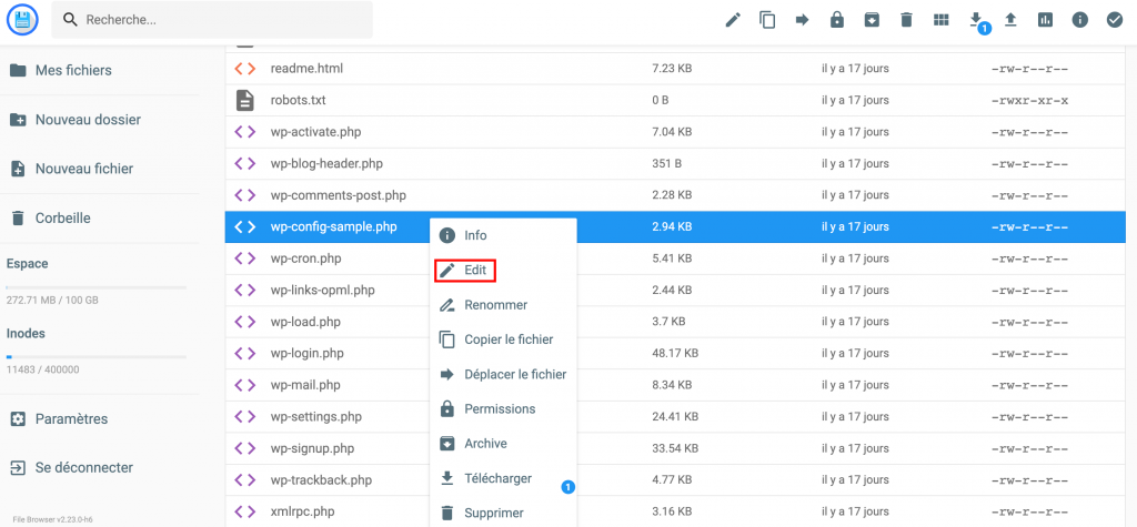 Dans le gestionnaire de fichiers Hostinger, le bouton d'édition du fichier wp-config.php est mis en évidence.