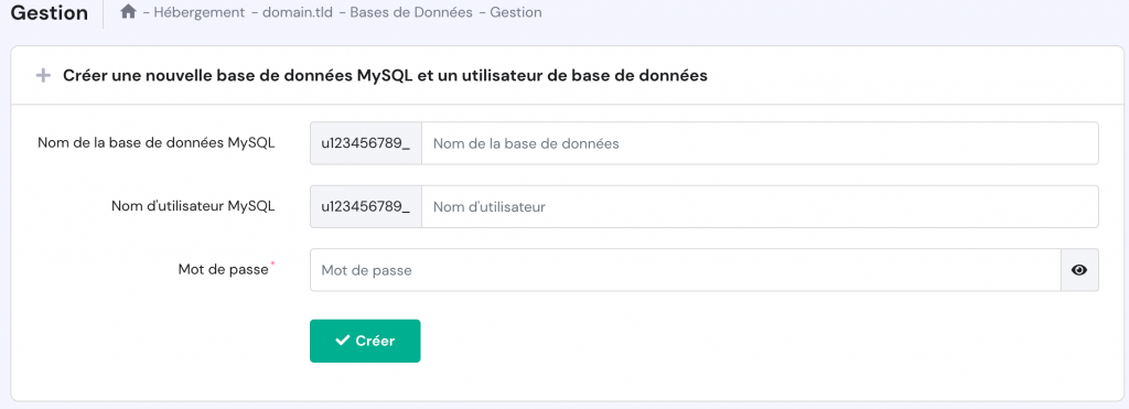 La page des bases de données MySQL dans hPanel