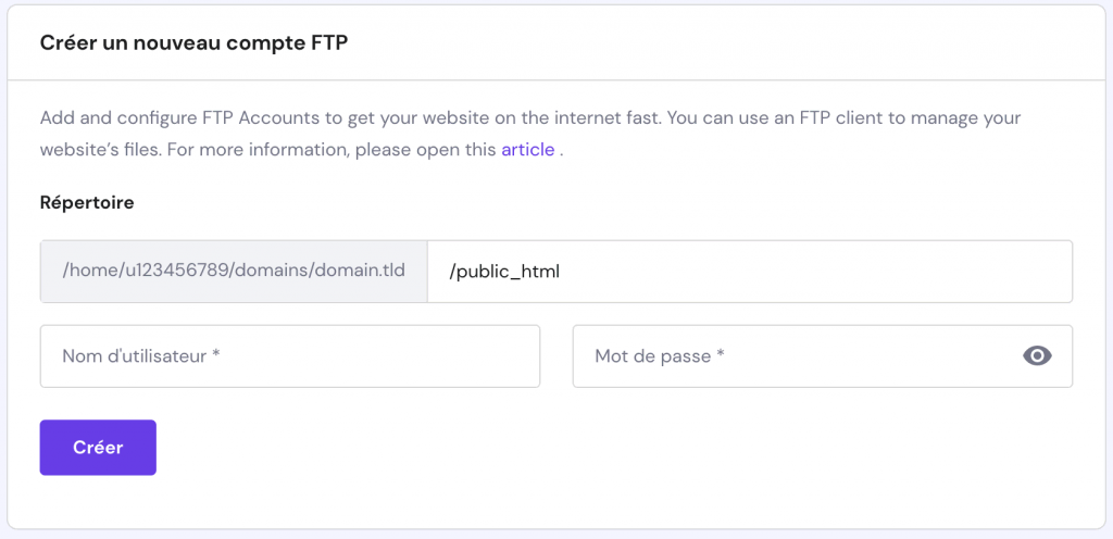 Paramètres des comptes FTP sur hpanel