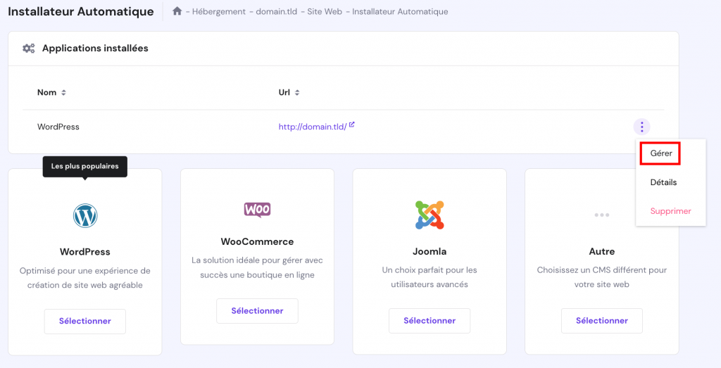 Gérer le site wordpress sous section installateur automatique