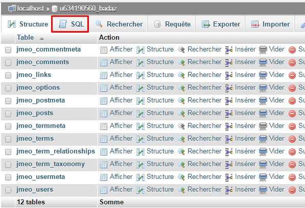 Accéder à la section SQL de phpMyAdmin