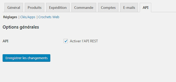 reglages api woocommerce