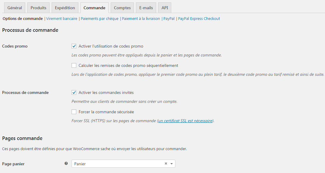 reglages commande woocommerce