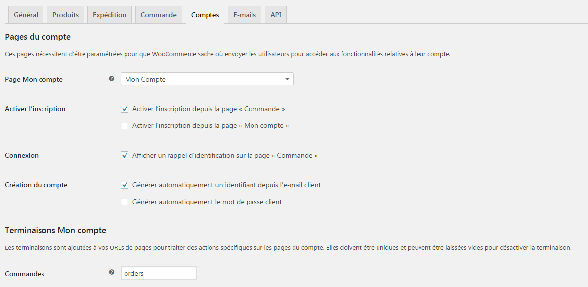 reglages comptes woocommerce