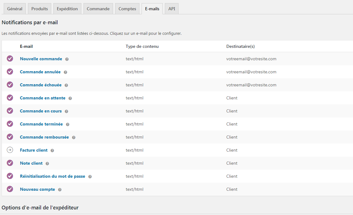 reglages email woocommerce