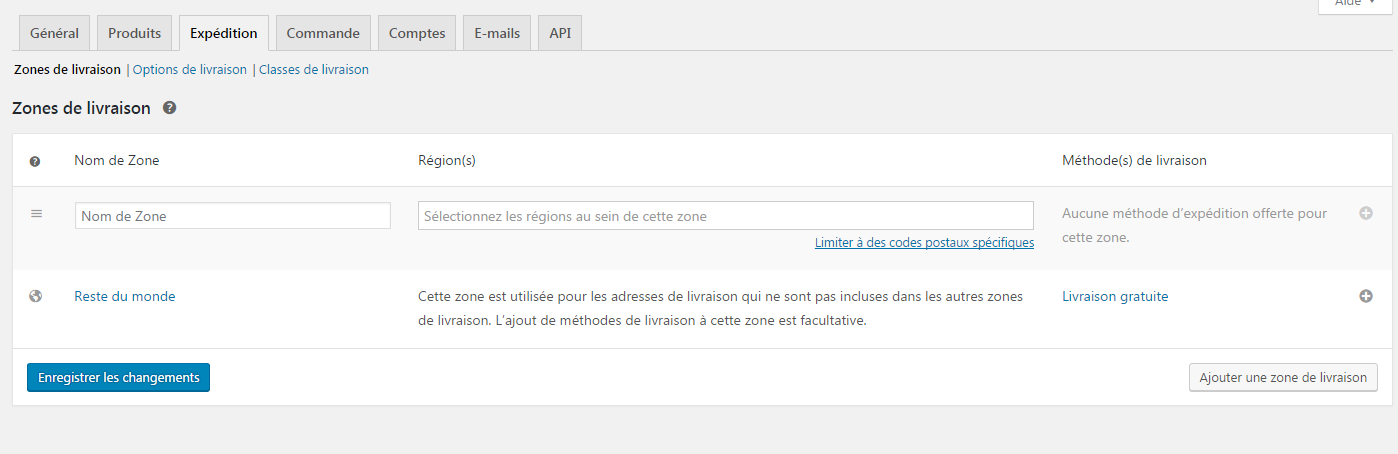 reglages expedition woocommerce