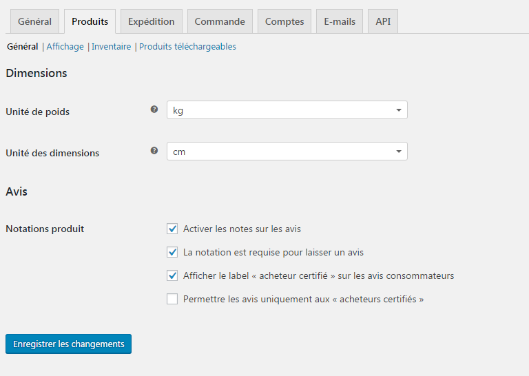 reglages produits woocommerce