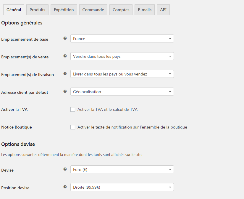 reglages woocommerce