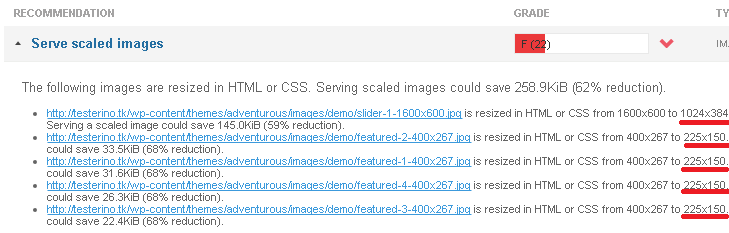 scaled images Gtmetrix test