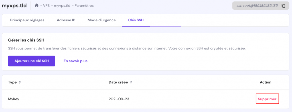 Montrer où se trouve le bouton Supprimer dans la page des clés SSH dans les paramètres du VPS de hPanel