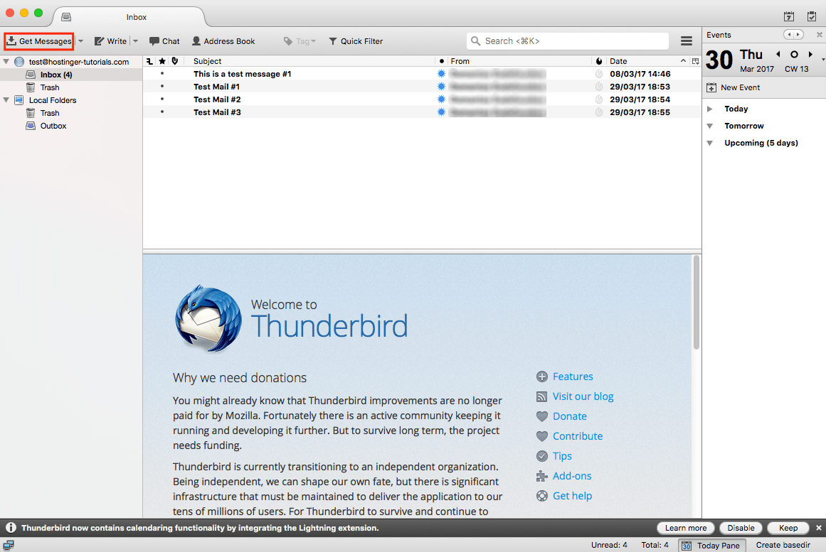 thunder bird get messages button