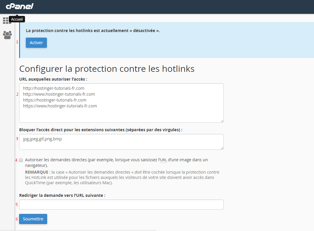 configurer protection hotlink cpanel