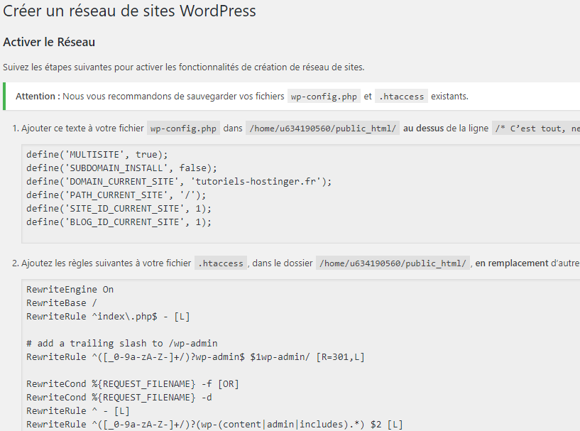code à ajouter aux fichiers wp-config.php et .htaccess pour activer le réseau