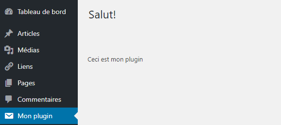 une capture d'écran montrant votre plugin sur le menu de navigation du tableau de bord de WordPress