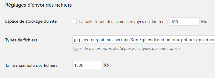 réglages d'envoi des fichiers