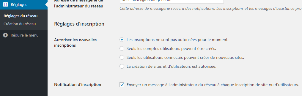 La section Réglages d'inscription dans le tableau de bord wordpress.