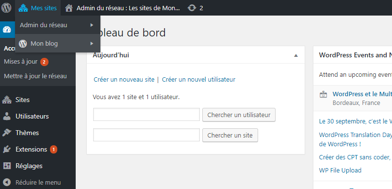 tableau de bord multisite sur wordpress