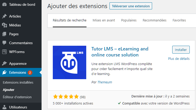 Ajout du plugin Tutor LMS à WordPress