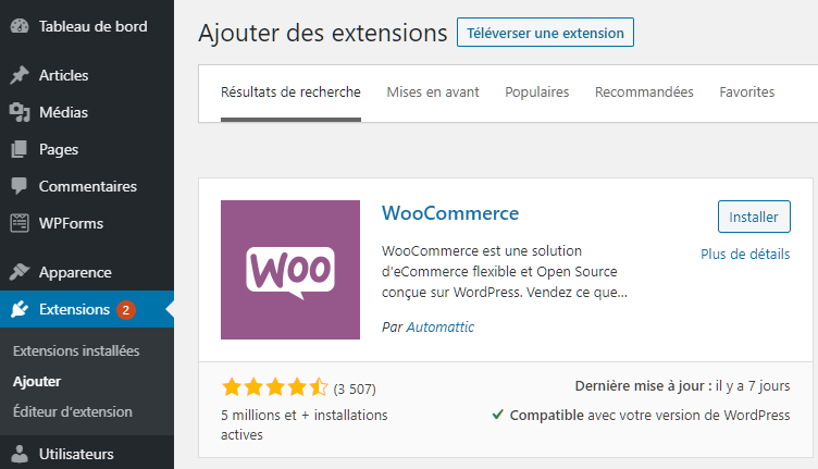 Ajout du plugin WooCommerce à WordPress