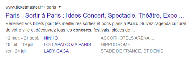 Page du calendrier des concerts à Paris avec balisage du schéma des événements