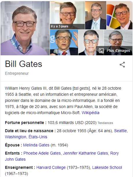 Le profil de Bill Gates fourni avec le balisage schéma des personnes