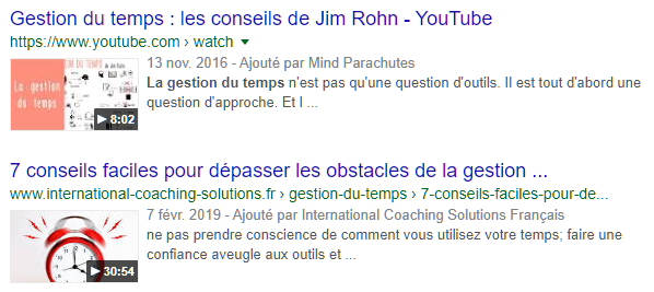 SERP avec balisage du schéma vidéo en action