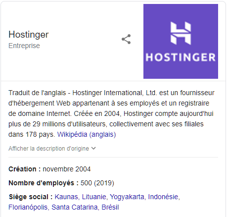 Page Hostinger optimisée avec le balisage du schéma d'organisation