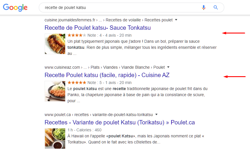 Pages optimisées par un schéma sur le SERP de Google