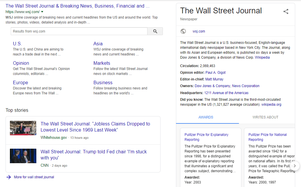 La page du Wall Street Journal alimentée par le balisage du schéma des articles figurant dans le SERP