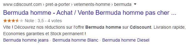 Offre Bermuda homme sur page Cdiscount alimentée avec des données sur les produits