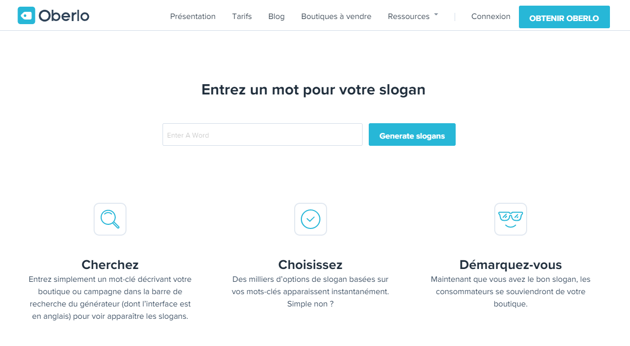Page d'accueil du générateur de slogan Oberlo