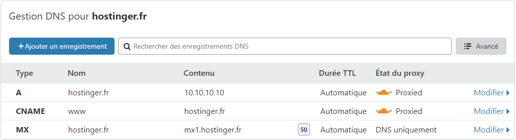 Enregistrements DNS Cloudflare