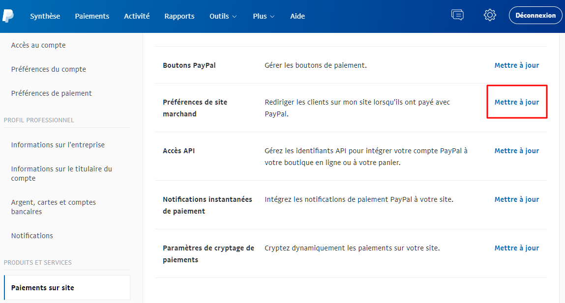 Mettez à jour l'option préférences de site marchand pour obtenir le jeton d'identité de PayPal.