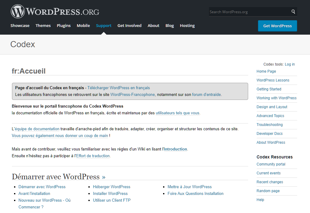 Le portail francophone du Codex WordPress