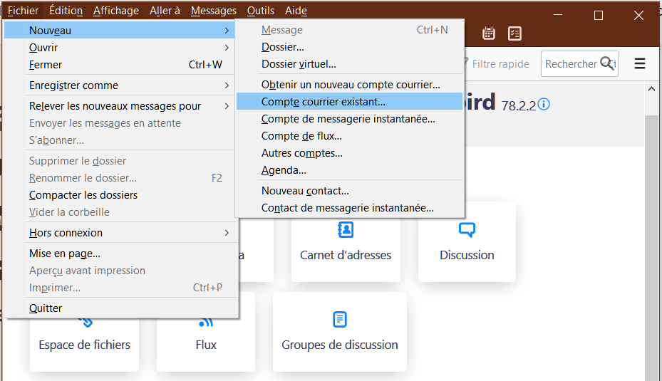 Sélection de l'option Compte courrier existant dans le menu de l'application Thunderbird.