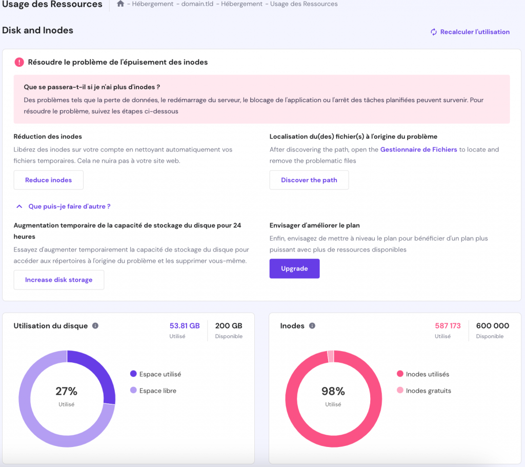 La page d'utilisation des ressources sur hPanel. La limite d'inodes est atteinte