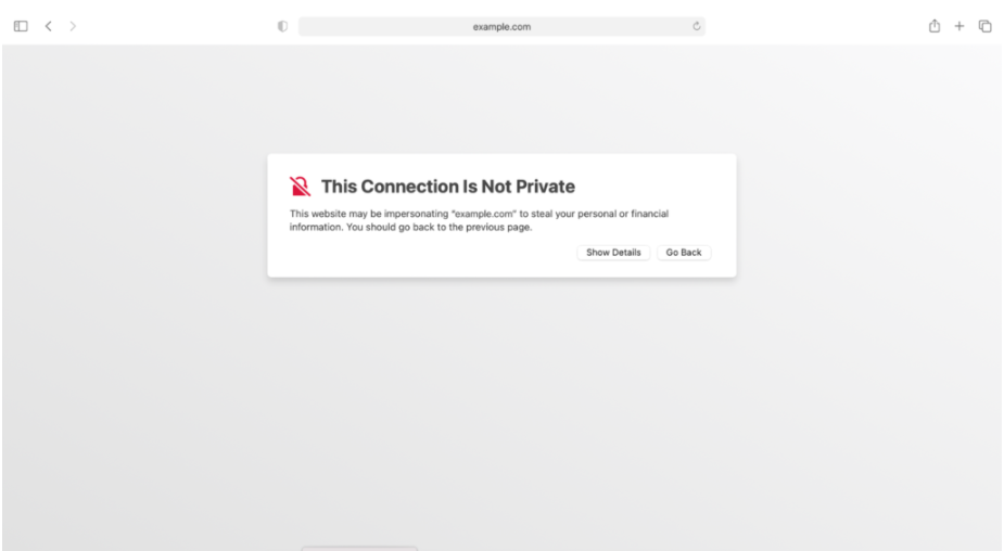 capture d'écran du message d'erreur votre connexion n'est pas privée sur Safari