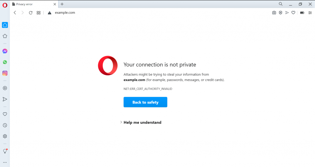 screen de l'erreur connexion pas privée Opera