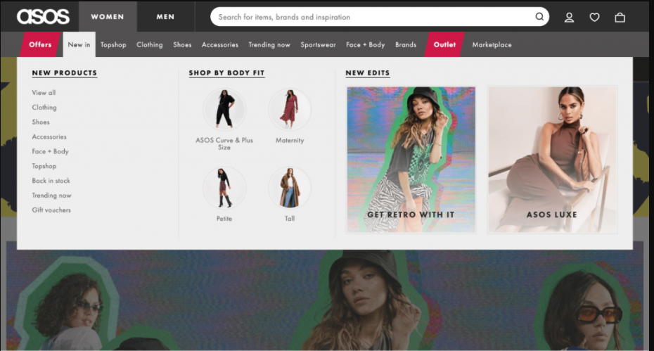 Capture d'écran montrant le site web d'Asos, qui utilise un méga menu