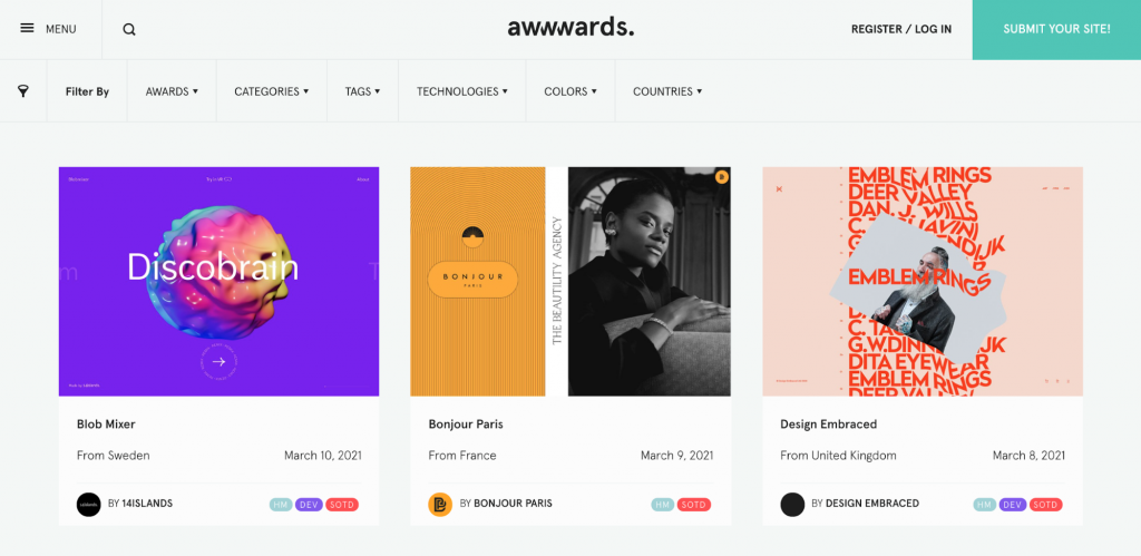 Capture d'écran montrant les conceptions de sites web primés de Awwwards