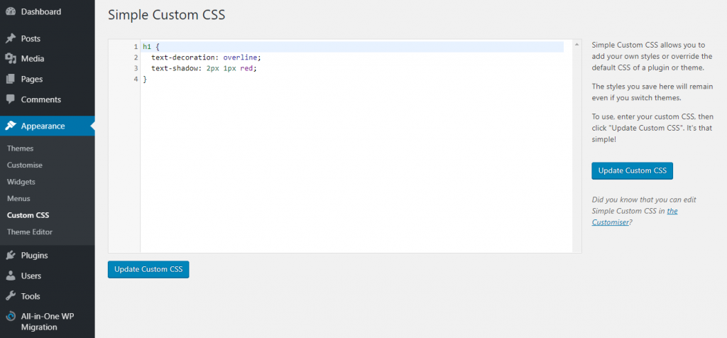 Ajout de CSS personnalisés à l'aide du plugin Simple Custom CSS