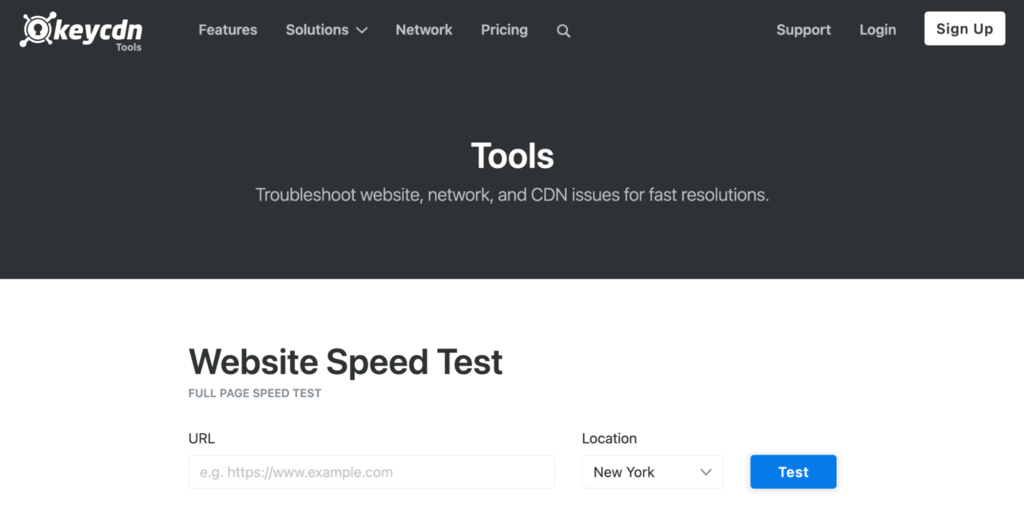 Page d'accueil du test de vitesse du site KeyCDN
