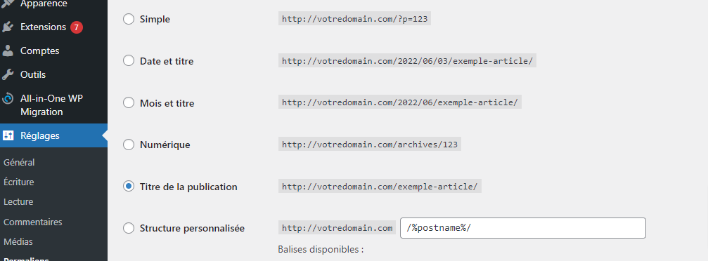 section réglages des permaliens sur wordpress