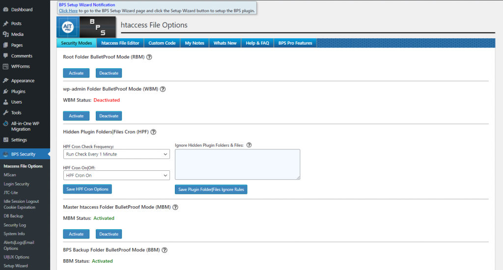 Options du fichier htaccess de BulletProof Security dans le tableau de bord de WordPress